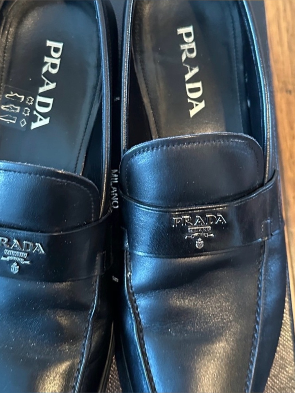 Prada Black Leather Penny Loafers with Logo Plaque - Picture 4 of 6